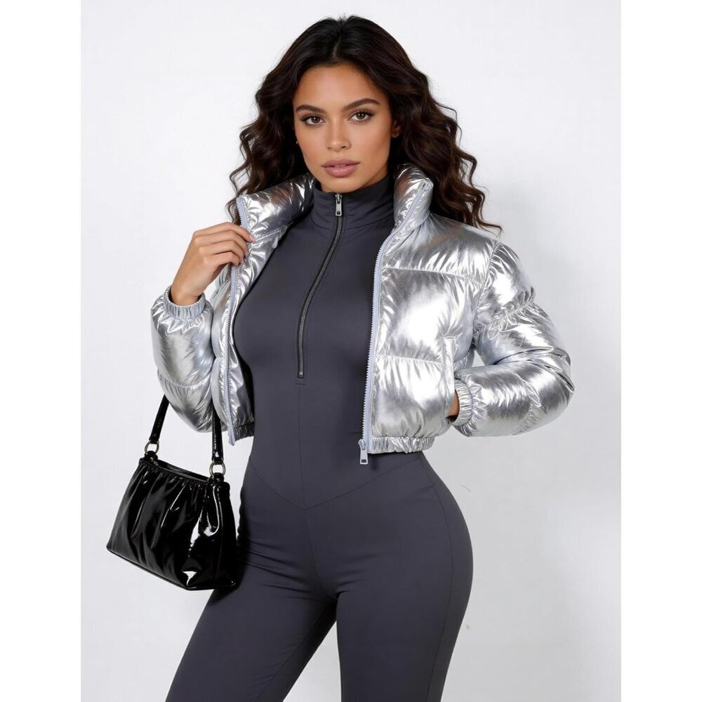 Women's Silver Metallic Cropped Zip-up Winter Coat Outerwear Puffer Jacket - Picture 6 of 6
